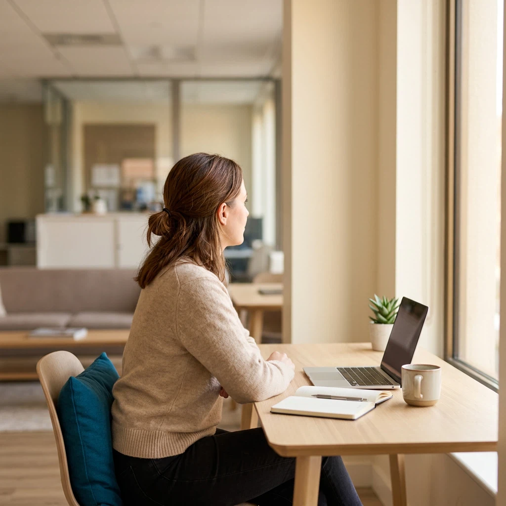 Redacteur Thornton Health Review aan het werk op kantoor