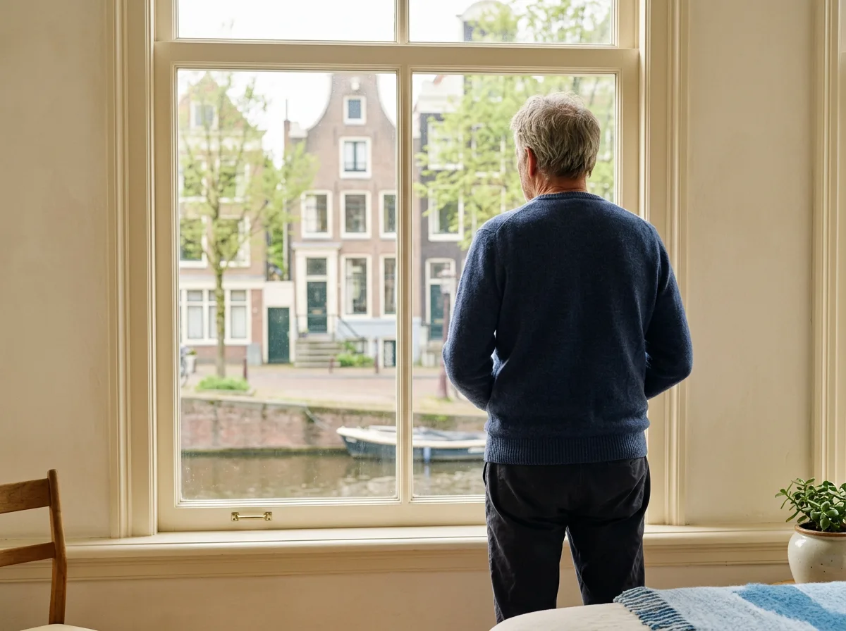 Tevreden gebruiker kijkt uit over tuin